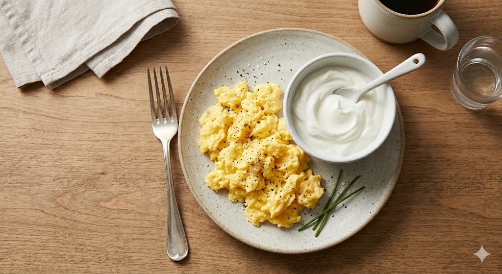 120g protein breakfast for men over 40: 3 scrambled eggs and Greek yogurt — 35g protein