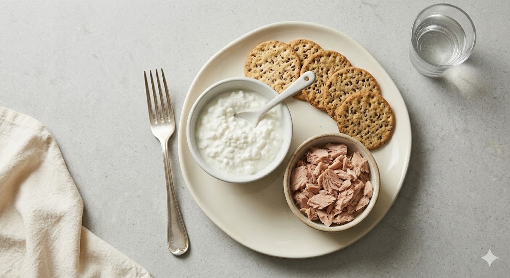 120g protein lunch for men over 40: canned tuna and cottage cheese with crackers — 50g protein