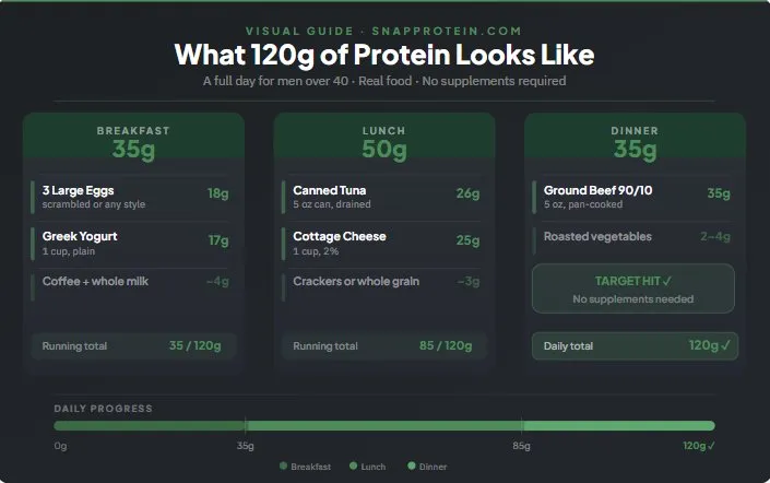 What 120g of protein looks like in a day — visual meal plan for men over 40 showing breakfast lunch and dinner totaling 120g protein